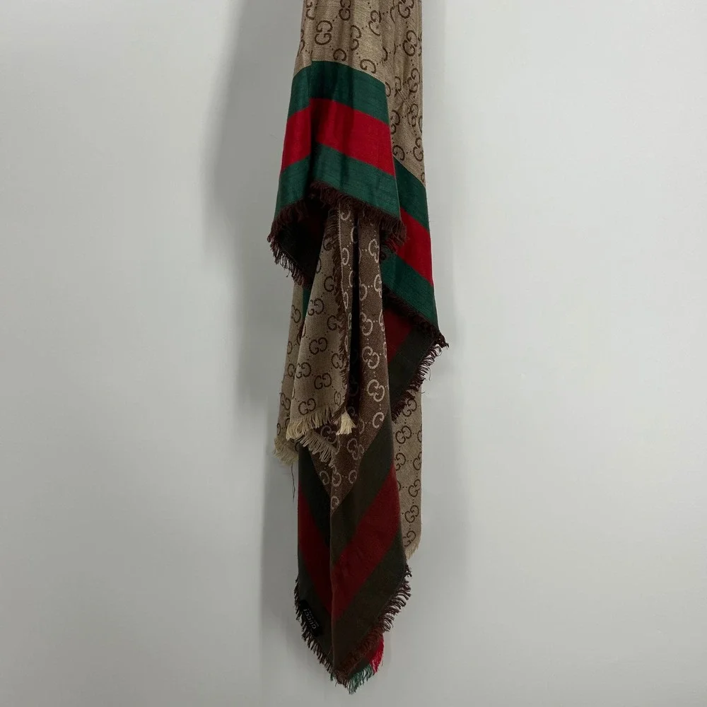 Gucci GG Monogram Web Stripe Scarf Beige Brown Green Red Fringed Made in Italy